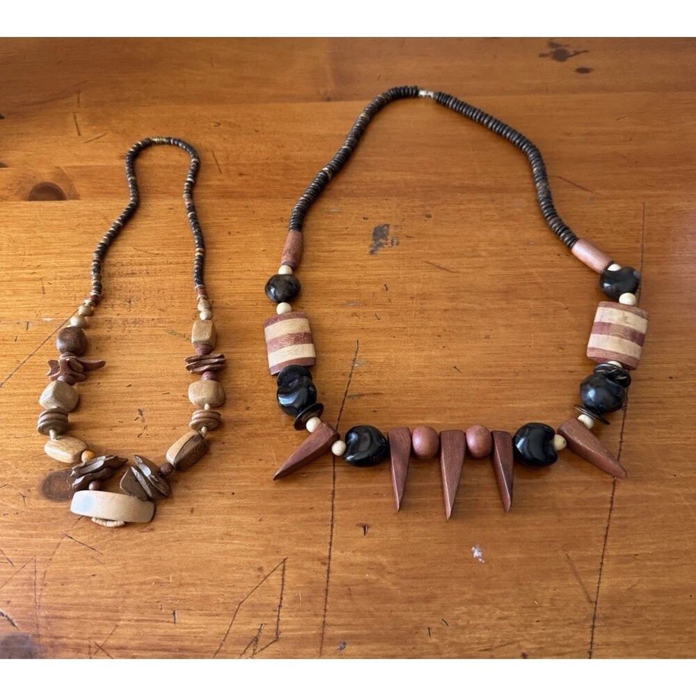 Boho Wooden Statement Necklace Bundle Tribal Earth Tone Chunky Artisan Lot Of 2